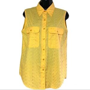 Yellow Eyelet Sleeveless blouse With Chest Pockets
